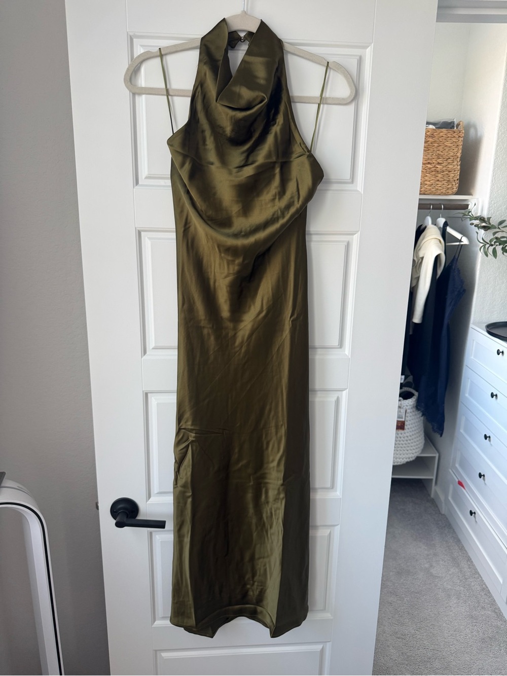 NWT Sincerely Jules Olive Green Satin Halter Maxi Dress (Small or Medium)